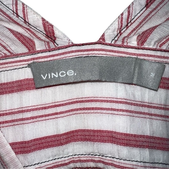VINCE | Variegated Red Striped Long Sleeve Pullover Top | Cotton V-neck | Medium - Picture 10 of 14